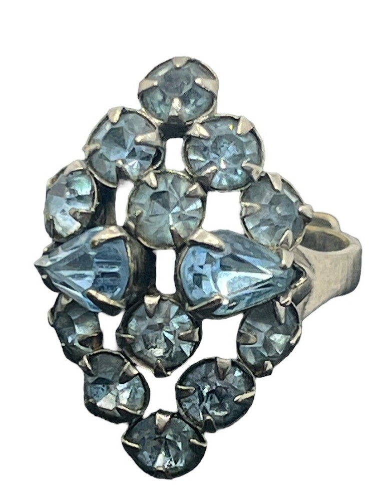 Navette pale blue rhinestone adjustable band cocktail vintage ring silver tone