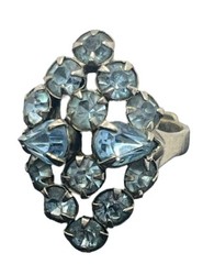 Navette pale blue rhinestone adjustable band cocktail vintage ring silver tone