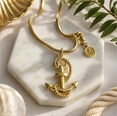 Vintage Anne Klein AK Gold Tone Nautical Anchor Pendant Snake Chain Necklace