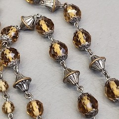 Vintage Glass Beaded Necklace Yellow Brown Faceted Silver Tone Caps 44″