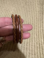 3 Vintage Bangles Wood, Leather, And Gold Tone