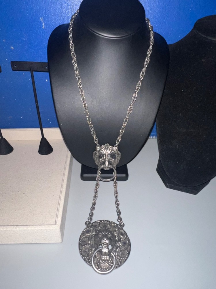 Vintage Victorian Revival Silver-tone Pewter Double Lion Door Knocker Necklace