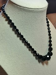 Black Glass Beaded Necklace Faceted French Jet Vintage Mid Century 15 Inch Drop
