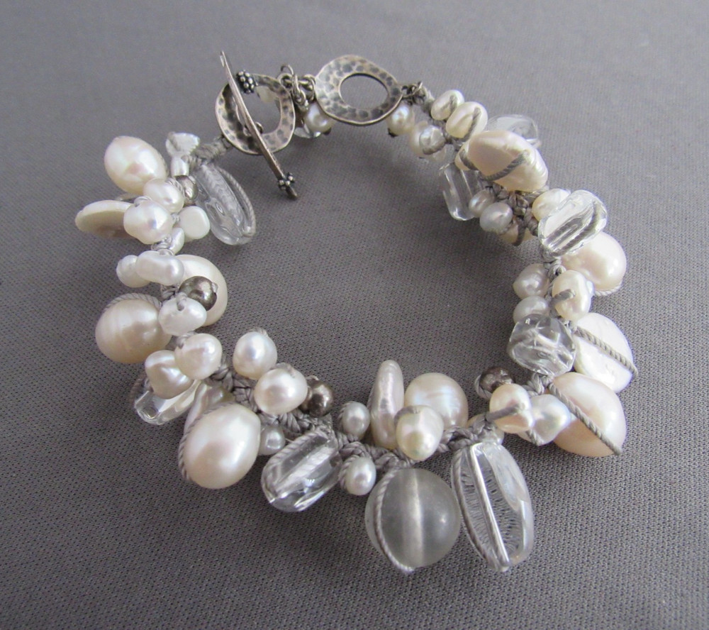 SILPADA STERLING STRUNG BAROQUE PEARL QUARTZ TOGGLE CLASP TENNIS BRACELET