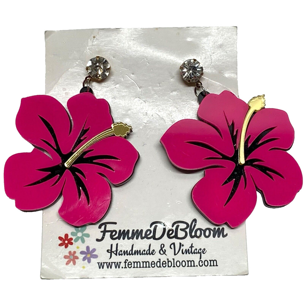 Hawaii Giant Hibiscus Pink Flower Earrings Femme De Bloom Large Acrylic Vintage