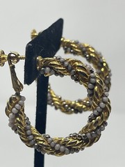 Vintage Gold Tone Twisted Rope Hoop Earrings Grey Silver Beaded Screw Back MCM