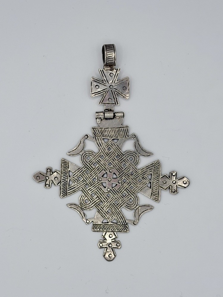 Vintage Ethiopian Cross Pendant Birds Large 5” Heavy 42g Silver Hinged Bale