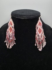 Handmade Glass Seed Bead Bib Style Necklace & Earrings Pink & White Vintage