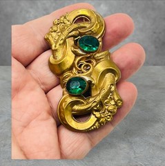Vintage Art Deco Green Glass Octagon Cut Gold Tone Pinchbeck Pin Large 3″ Brooch