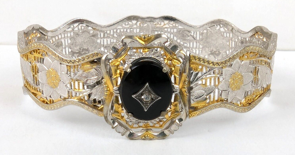 1920s Art Deco Rhodium & Gold Filigree Bangle Bracelet Onyx Stone 6.25 in