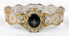 1920s Art Deco Rhodium & Gold Filigree Bangle Bracelet Onyx Stone 6.25 in