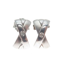 925 Sterling Silver Vintage Real Round-Cut Diamond Modernist X Shape Earrings