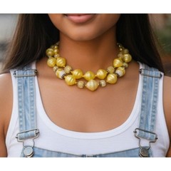 Vintage 1950s Yellow Lucite Crackle Glass Double Strand Necklace AB Wedding Cake