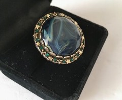 Vintage Large Blue Cabochon Brass Ring W Stars Green Rhinestones