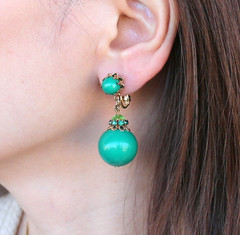 Vintage Vendome Signed Green Ball & Rhinestones Dangle Drop Clip On Earrings