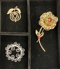 3 Sarah Coventry Signed Vintage Brooches Flower Apple Filigree