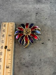 Vintage Gold tone Red and Purple Enamel Flower Brooch Pin