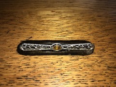1920’S EARLY BELAIS 10K WHITE GOLD FILIGREE BROOCH WITH CITRINE GEMSTONE/2.25″