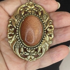 Vtg Lace Gold Stone Pendant Necklace Art Nouveau Textured Oval Chain Large Cameo