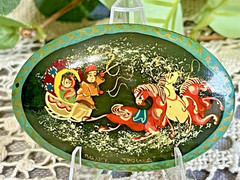 VTG Russian Wooden Lacquer Hand Painted Troika Brooch Pin Made in USSR Signed 2″