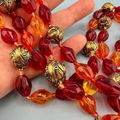 Vintage Lucite Bead Gypsy Necklace Faceted Red Orange Gold Tone Floral 46″ Boho