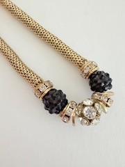 VCLM Gold Tone Mesh Necklace Black Crystal Rhinestone Statement Necklace