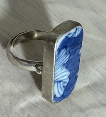 Vintage Blue & White Porcelain Shard Sterling Silver Ring 12.4 Grams Size 8