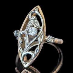 Vintage Diamonds 14k Multi Tone Gold Snowdrop Floral Navette Cocktail Ring Retro