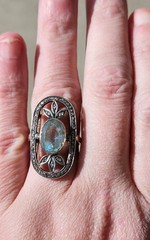 Antique Aquamarine And Rose Cut Diamond 18k And Silver Topped Ring.