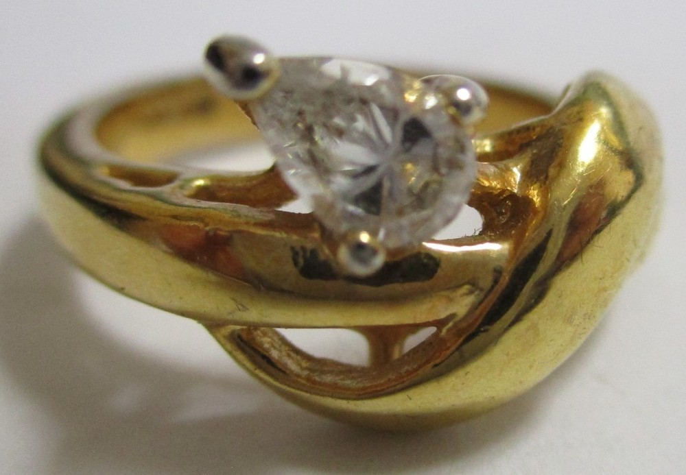 VINTAGE SIGNED ROMAN GOLD TONE PEAR CUT CRYSTAL BYPASS STATEMENT RING, MCM