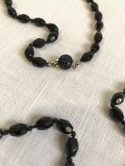 Made in Austria Faceted Black Glass Beaded Necklace Hand Knotted 29 in Antique