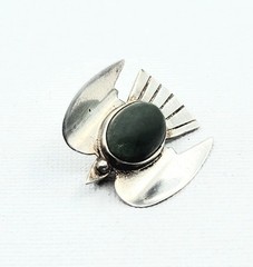Sterling Silver Thunderbird Green Cabochon Vintage Mexican Small Brooch 1″ Pin