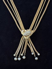 Gold Tone Leaf Necklace White Faux Pearl Round