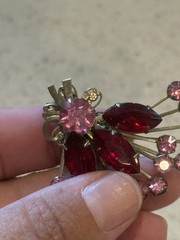 Vintage Juliana style Red Navette pink Chaton Rhinestone spray clip earrings