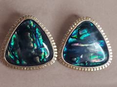 Abalone Style Goldtone Triangle Pierced Stud Earrings 1.25in Vintage 1980s