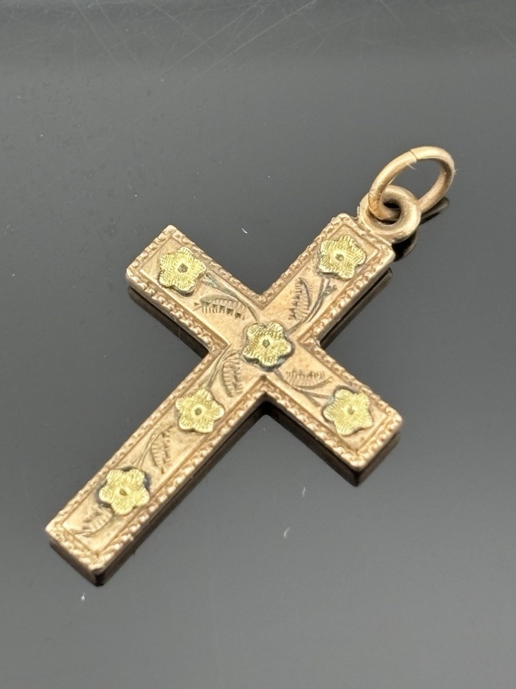 ATQ 1915 Rose Gold Filled Cross Pendant Yellow Gold Flower Accents 1.25″ ANNA