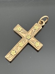 ATQ 1915 Rose Gold Filled Cross Pendant Yellow Gold Flower Accents 1.25″ ANNA