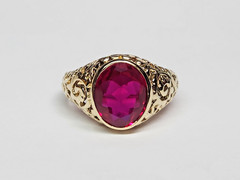 Beautiful 13.9-14k Gold Filigree Style Pierced 4.00ct. Lab Ruby Ring Sz 9.5