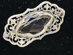 Antique Rhodium Plated Filigree Silver Tone Art Deco Clear Stone Pin Brooch