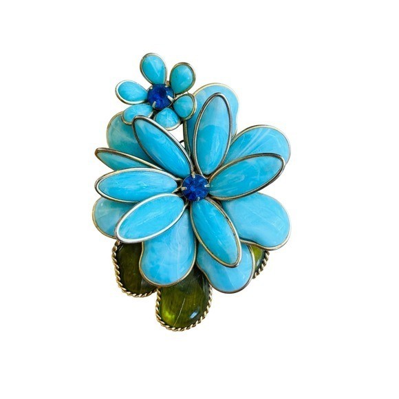 VTG Estate W. Germany Pin Brooch Blue Flower Rhinestone Celluloid Large Signed