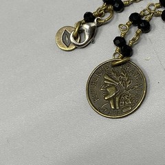 Designer Glass Bead Necklace R&R Coin Charm Chain Links Black Facet Retro 28″