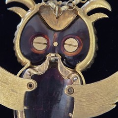 Vintage Articulated Owl Pendant Necklace Amber Lucite Eyes Wings Tail Gold Tone