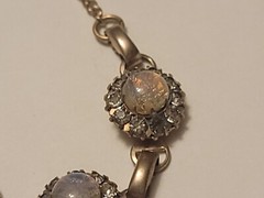 Vintage Faux Fire Opal Cabochon Clear Rhinestone Necklace Drop Pendant 15.5″