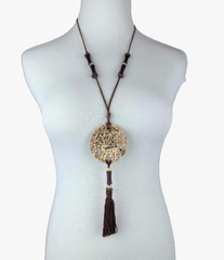 VTG 60s CROWN TRIFARI Carved Deer Pendant Necklace Satin Cord Wooden Beads