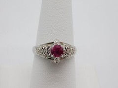 SWEET ANTIQUE 18K SOLID WHITE GOLD DIAMOND RUBY STONE RING