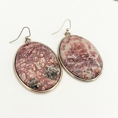 Ladies Leopard Skin Jasper Big Chunky Stone Huge Oval Dangle Statement Earrings