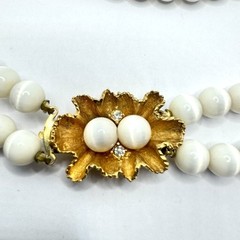 Vtg 50s Mode-Art Signed Double Strand White Beaded Necklace Gold Tone Clasp MCM