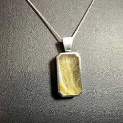 Vtg Golden Straw Rutilated Quartz Pendant Sterling Silver Necklace Box Chain 24”