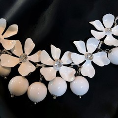 Vintage White Milk Glass Floral Necklace Enamel Cha Cha Rhinestone 16″-22.5″