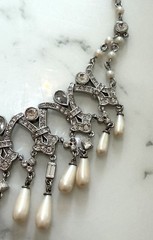 Vintage Ornate Carol Lee Rhinestone Faux Pearl Drop Choker Necklace Deco Gala